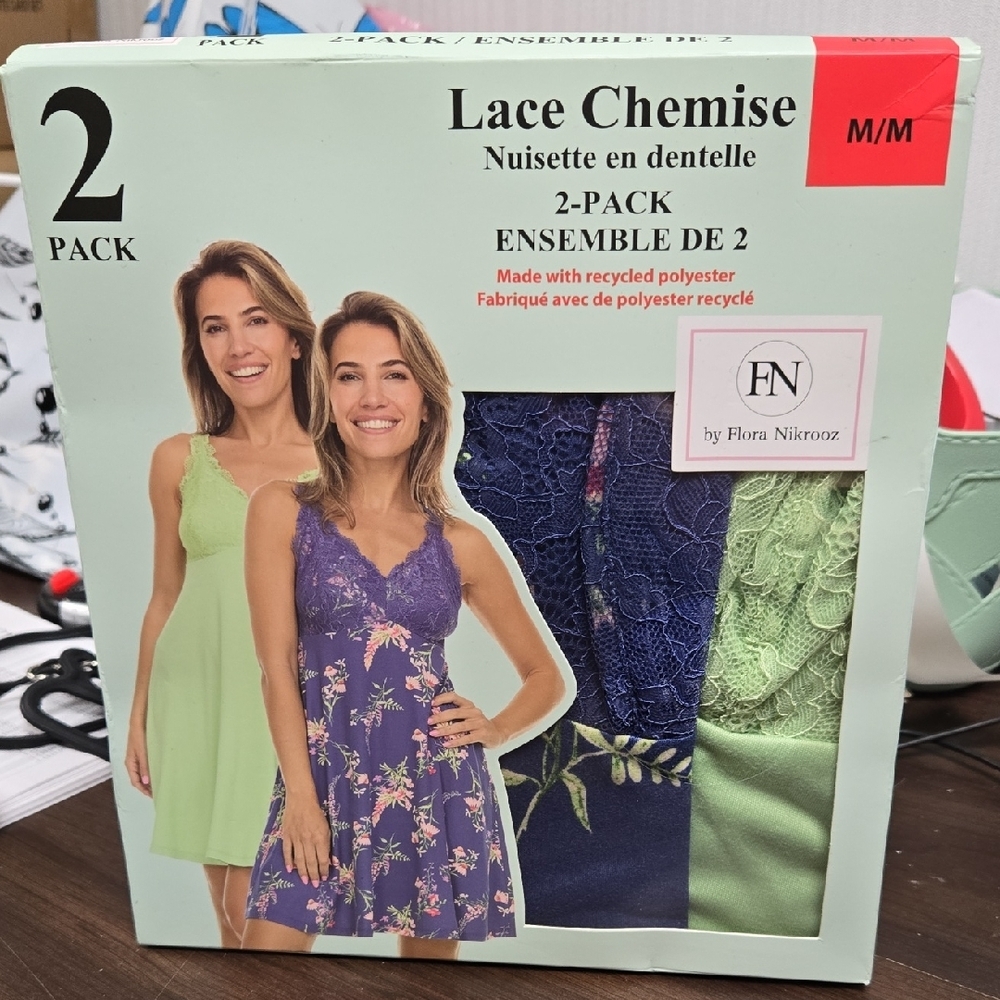 Flora Nikrooz Size M Green and Purple 2 Pack of Lace Chemises